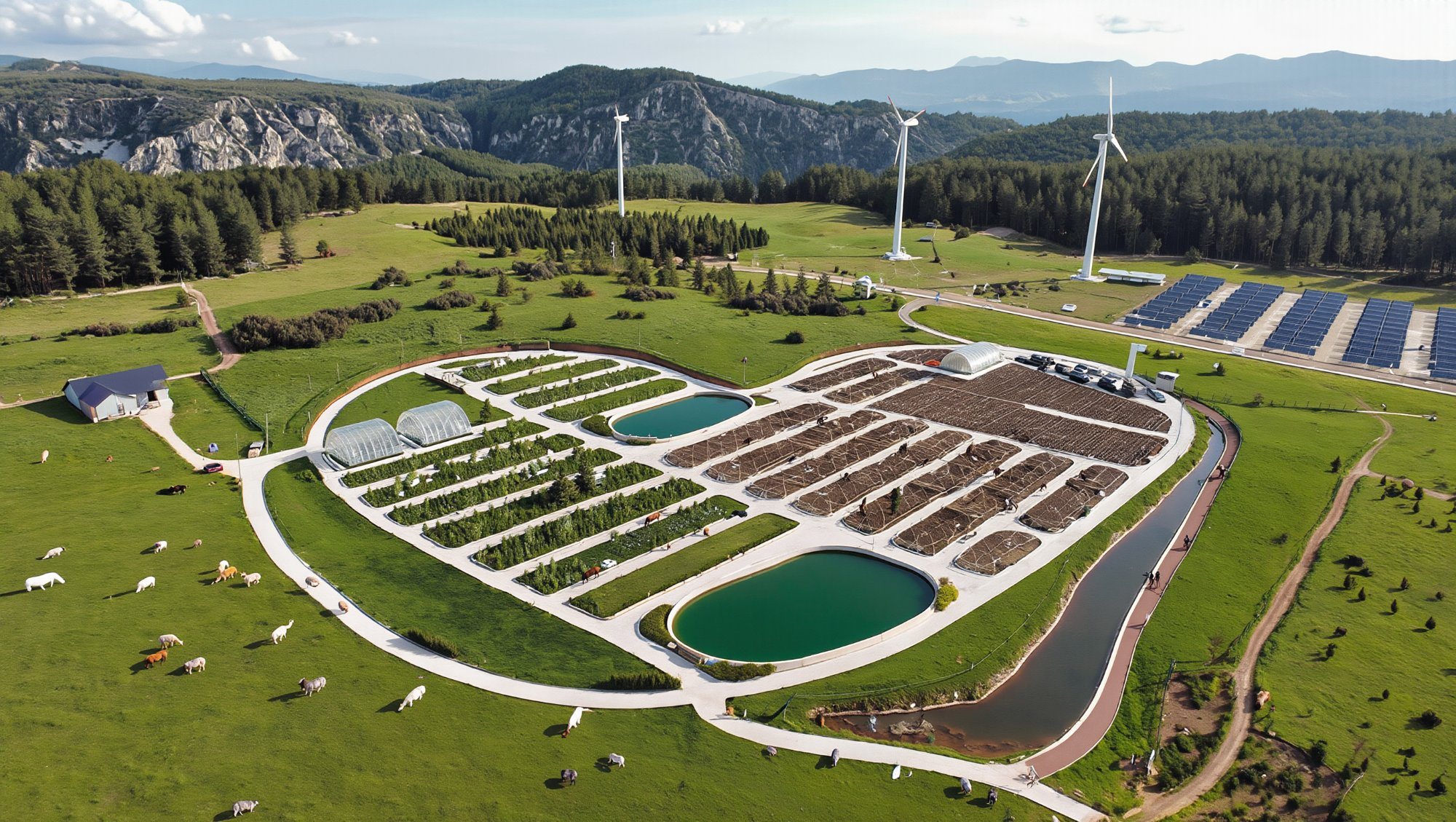 Kalp şekilli arazi, solar paneller ve rüzgar türbinlerini gösteren proje vizyonu